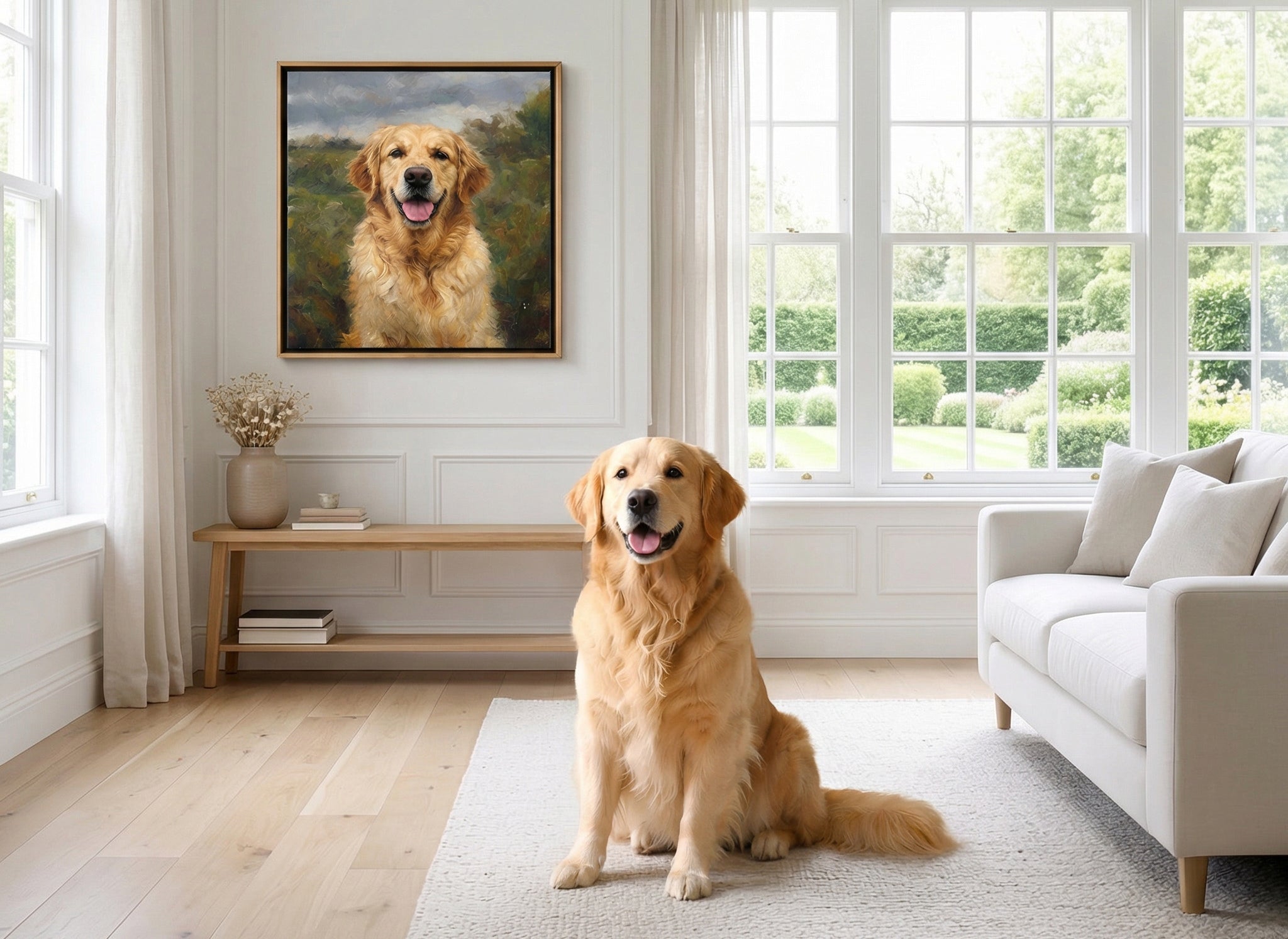 Oil painting of golden retriever dog, pet portrait, Hampshire, canvas